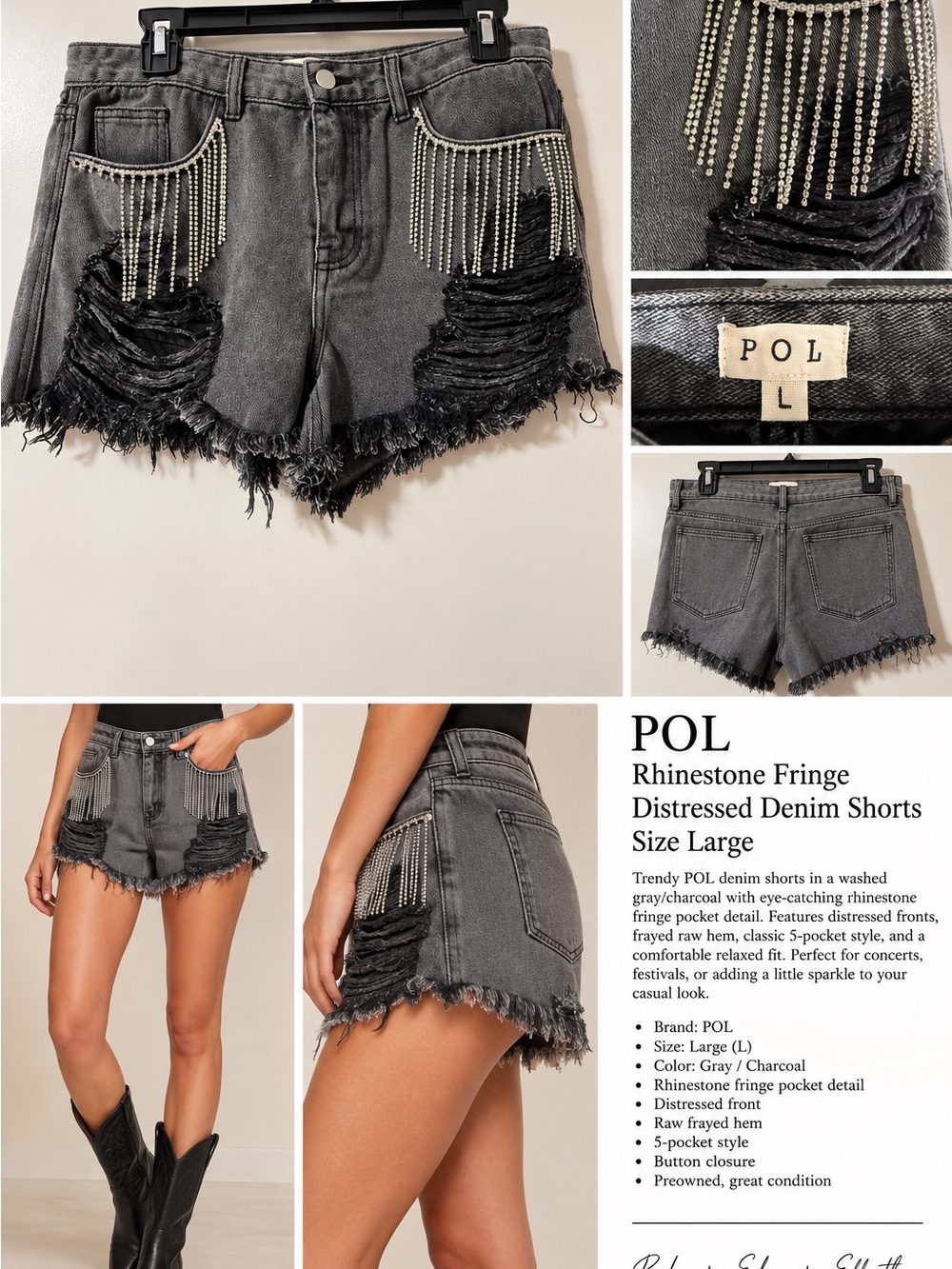 POL Rhinestone Fringe Distressed Denim Shorts Charcoal Gray Size L